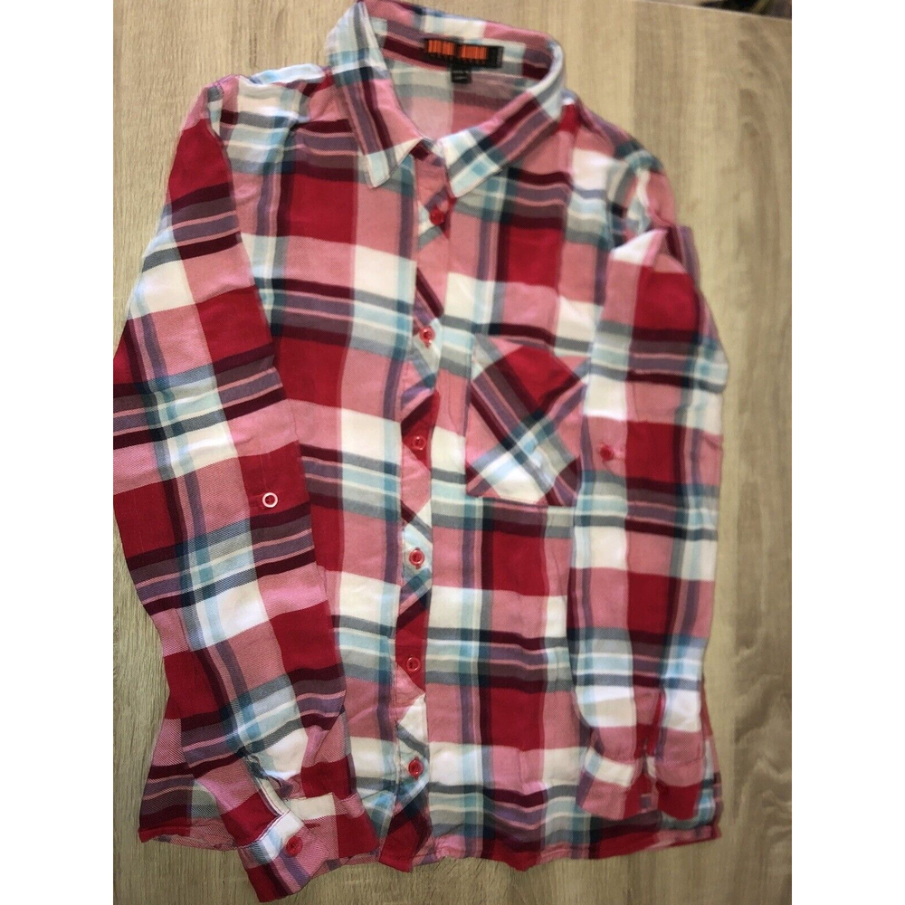 LOVE TREE Women's Plaid MultIcolor Flannel Button Down Roll Up Sleeves Shirt M